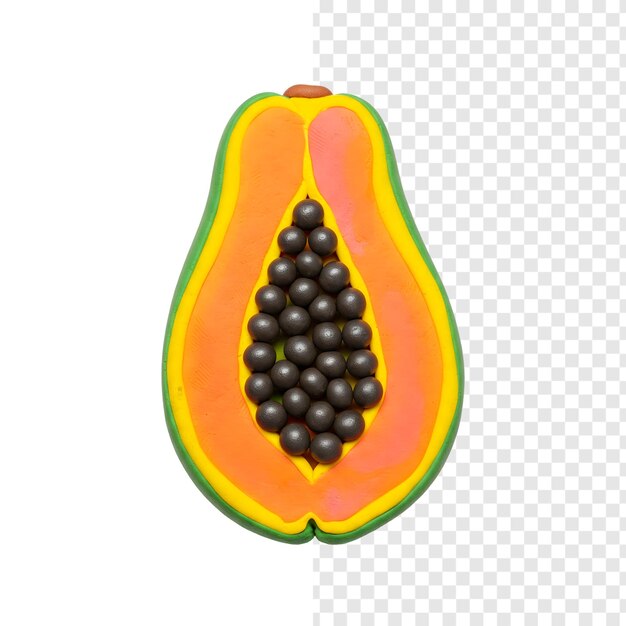 Papaya cortada al estilo arcilla con semillas visibles aisladas en un fondo transparente Render 3D