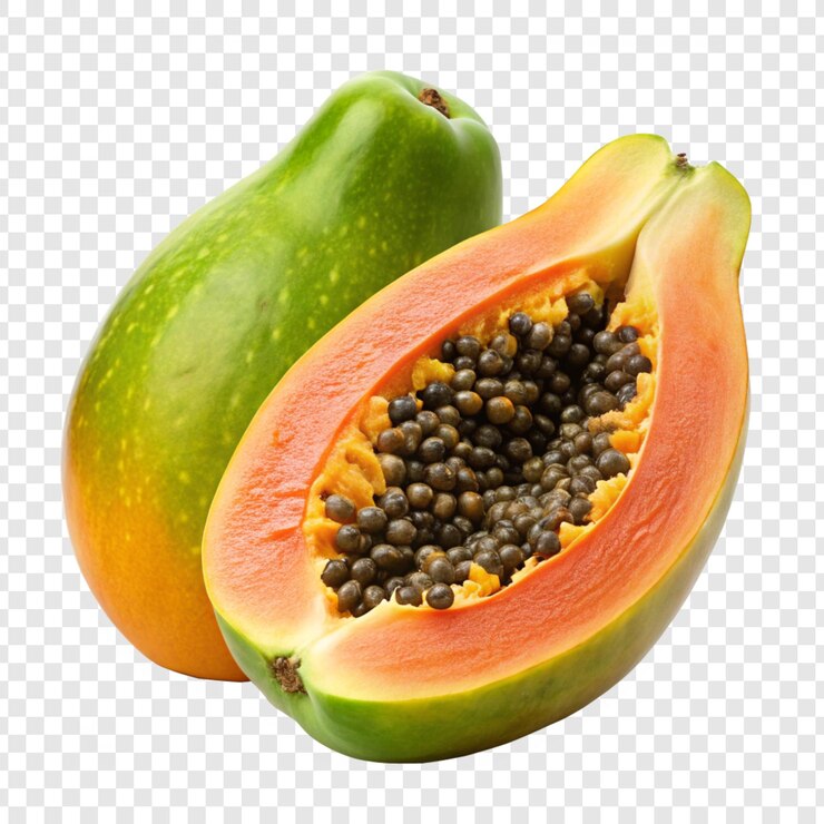 una papaya cortada por la mitad y una semilla negra en la parte inferior