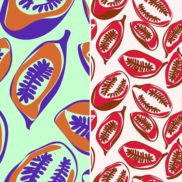 PSD papaya con patrones de semillas y diseño tropical con diseño vectorial de patrones de frutas tropicales aleatorios