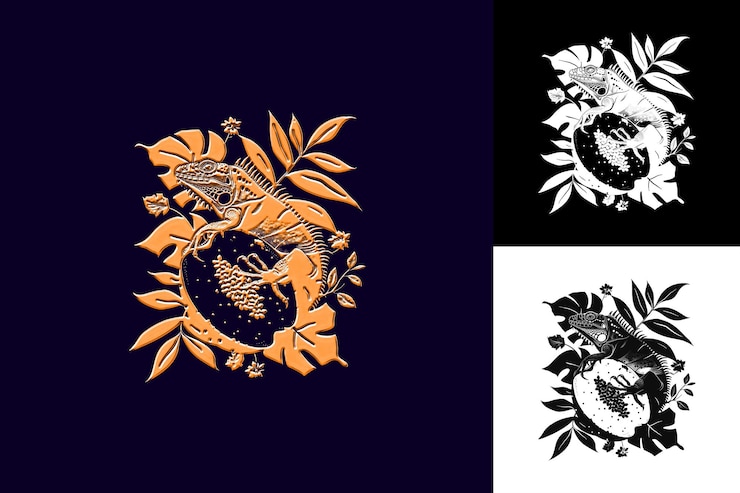 PSD papaya con silueta de iguana y diseño abstracto con diseño vectorial de ilustración creativa de corea