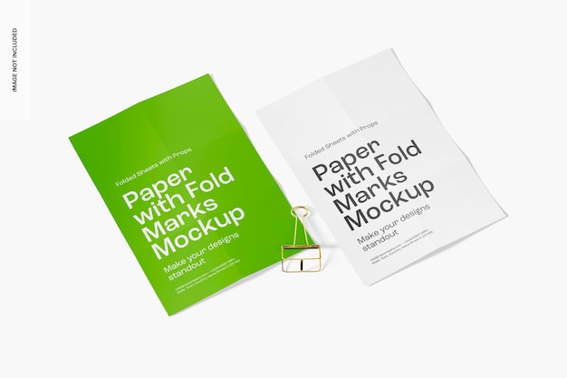 Papéis com marcas dobradas Mockup, visão de ângulo alto