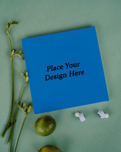 Papel azul con tres plantas verdes Mockup de PSD