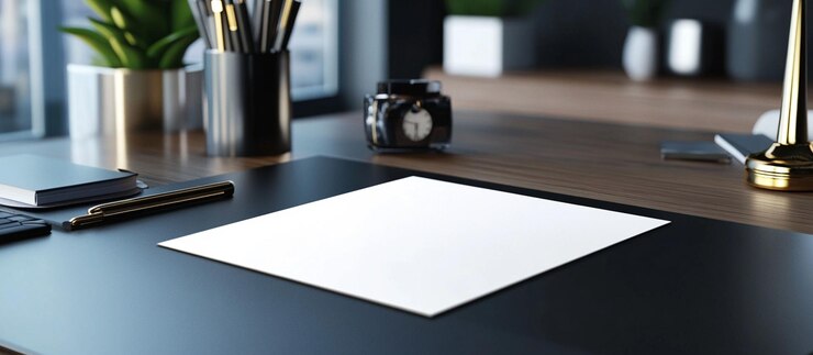 PSD papel en blanco en un escritorio moderno con papelería