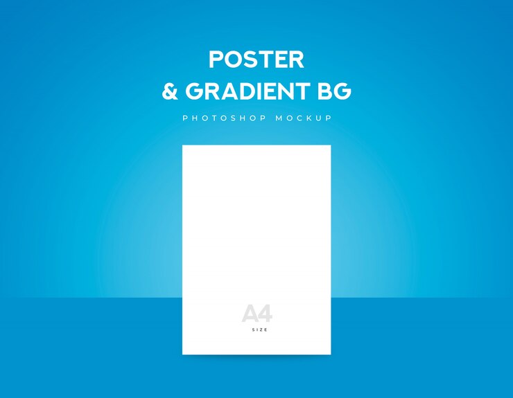 PSD papel de cartel blanco o volante tamaño a4 y fondo degradado azul