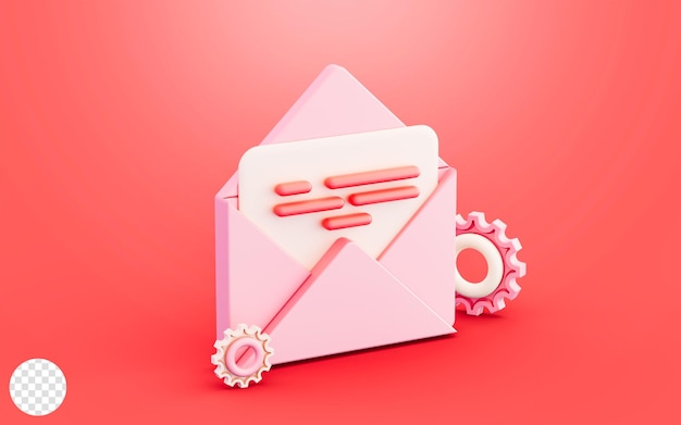 PSD papel de envelope com ilustração 3d de ícone de engrenagem para configuração de e-mail de trabalho de inicialização de processos de negócios