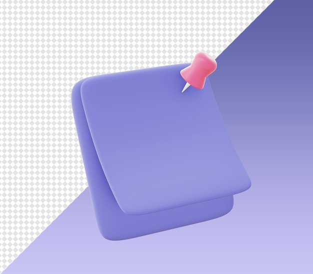 Papel de nota de lembrete de renderização de desenho animado 3D com ícones de pinos para projetos de mídia social de aplicativos móveis UI UX web