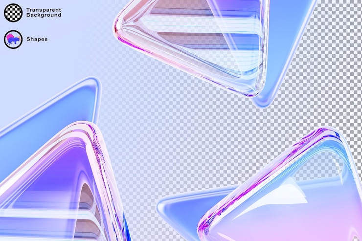 PSD papel de parede de fundo 3d de vidro abstrato com placas triangulares de cristal e plástico apresentam formas triangulares transparentes irisantes com efeito de flare de luz arco-íris gradiente holográfico