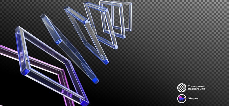 PSD papel de parede de fundo preto 3d abstrato com molduras quadradas de vidro voando em perspectiva de fileira fronteiras de renderização de cristal com efeito de luz de gradiente holográfico bandeira de tecnologia gráfica digital