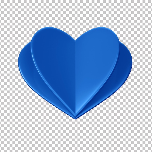 Papel en forma de corazón azul metálico 3d con fondo transparente