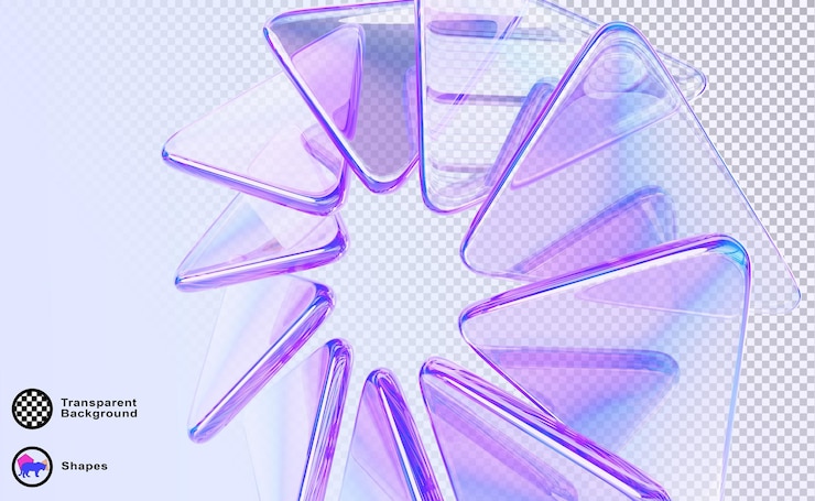 PSD papel de pared de fondo 3d abstracto con efecto de círculo de vidrio de placas triangulares de fila formas coloridas luz iridescente neón gradiente holográfico render diseño gráfico digital banner tecnológico