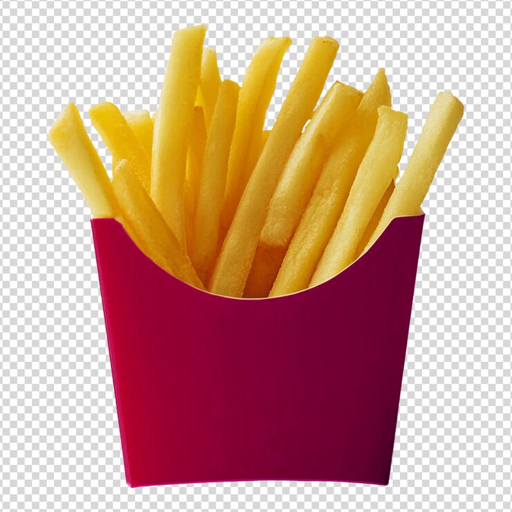 Papel rojo con papas fritas en un fondo transparente