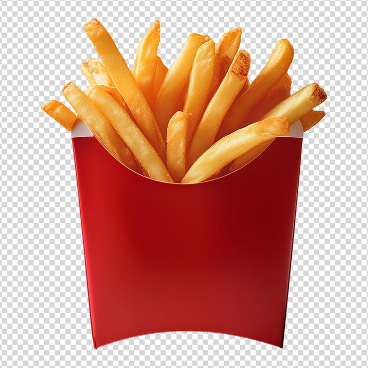 Papel rojo con papas fritas en un fondo transparente