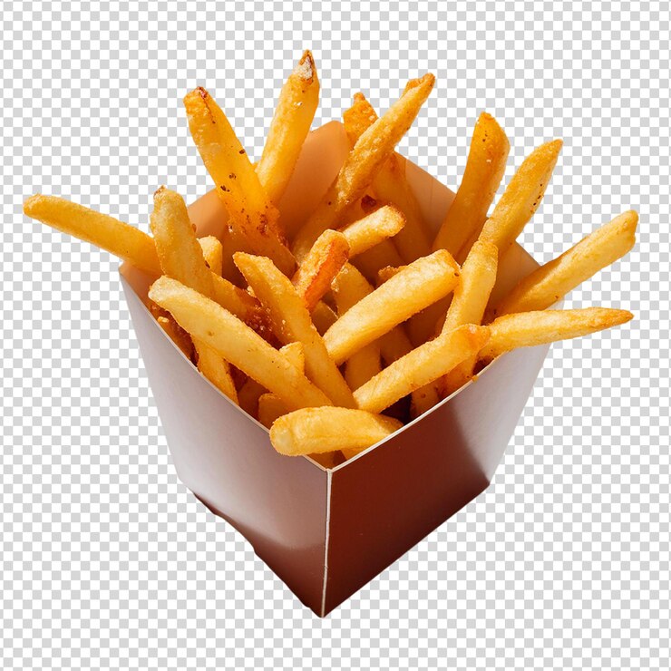 Papel rojo con papas fritas en un fondo transparente