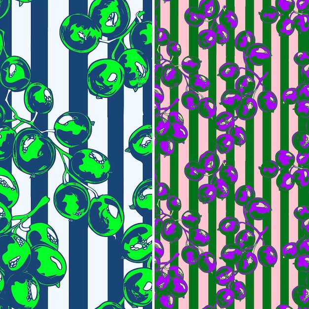 Un papel tapiz a rayas azules y blancas con puntos púrpuras y verdes