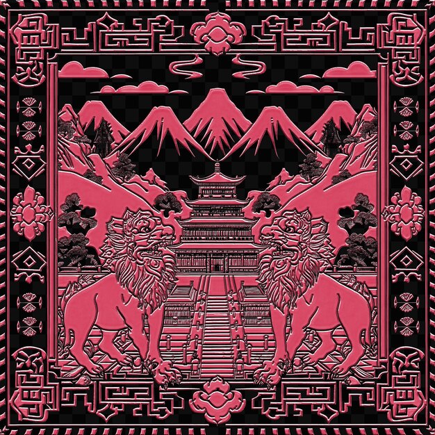 Un papel tapiz rojo y negro con dos leones y una montaña en el fondo