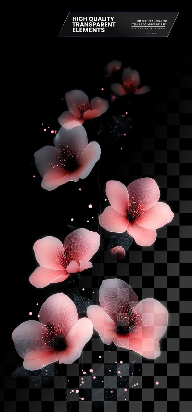 PSD papel tapiz de teléfono con flores rosadas en un fondo negro en un fondo transparente
