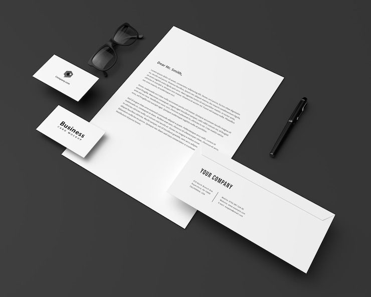 PSD papel con tarjetas de visita y maqueta de sobre