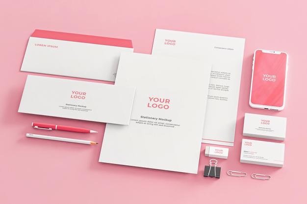 PSD papelaria mockup empresa de negócios rosa com telefone