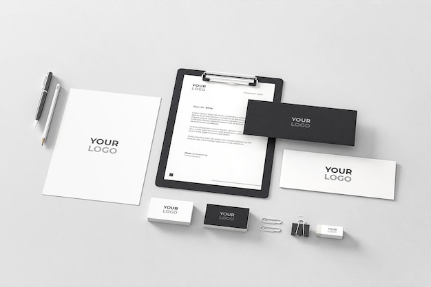 Papelaria Mockup Preto Branco Realista Negócios Empresariais