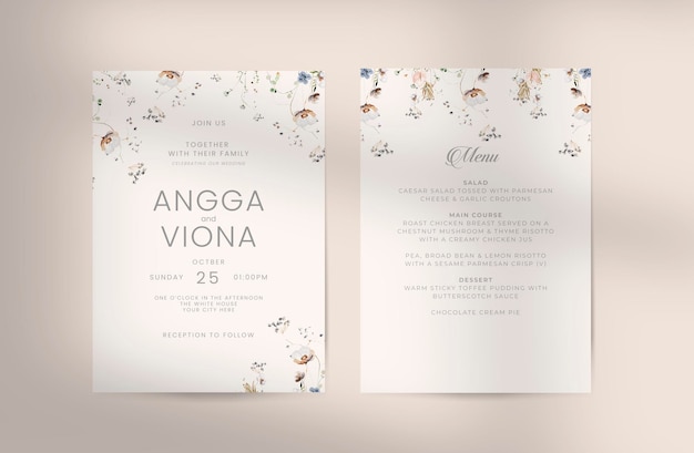Papelería de boda elegante en colores suaves con delicadas flores de acuarela