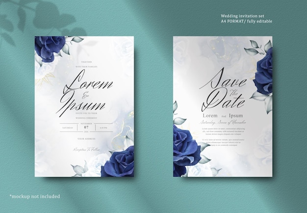 PSD papelería de boda elegante con flores y hojas azul marino