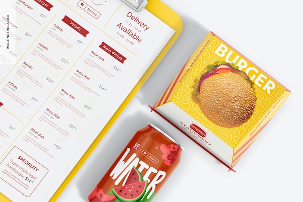 Papelería con burger box mockup, primer plano