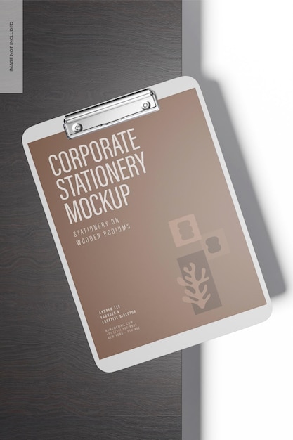 Papelería Corporativa en Mockup de Podio de Madera, Vista Superior