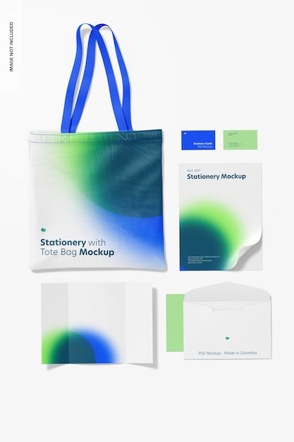 Papelería con maqueta de bolso de mano, vista superior