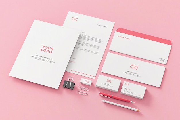 PSD papelería mockup pink company business realista