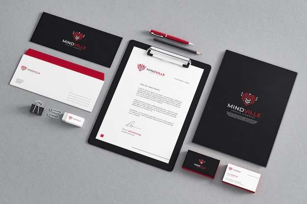 PSD papelería mockup red black white company business realista