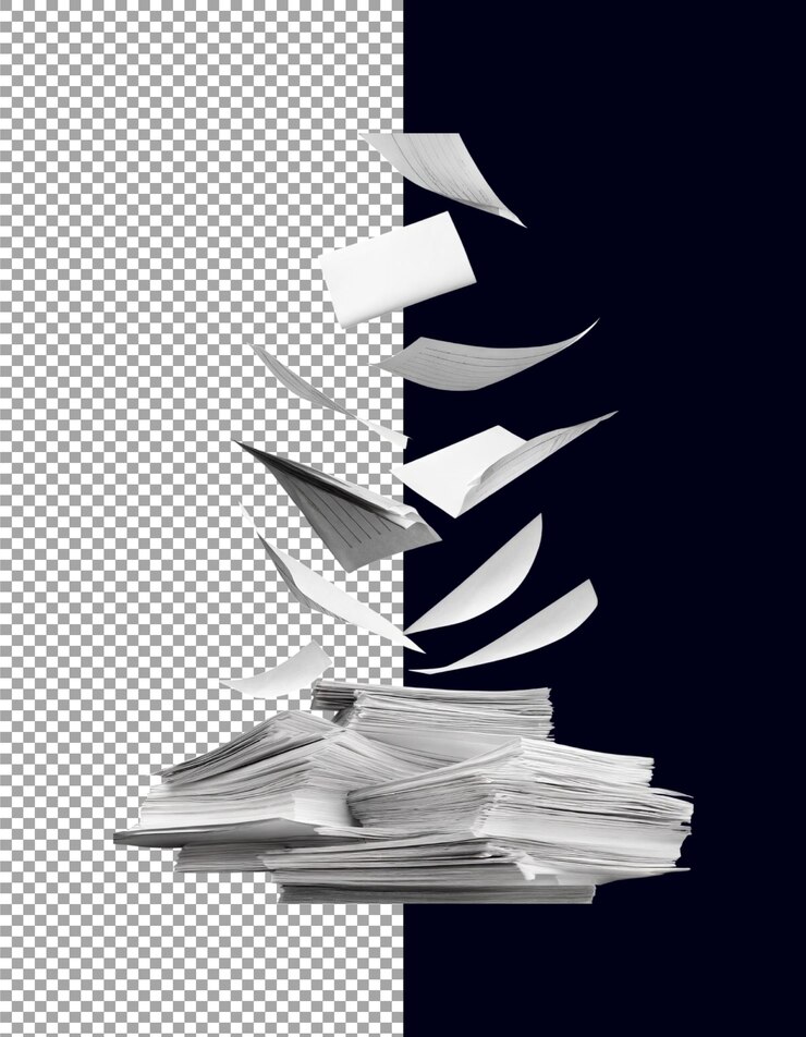 PSD papeles esparcidos en el aire abstracto de oficina documento en fondo transparente png psd