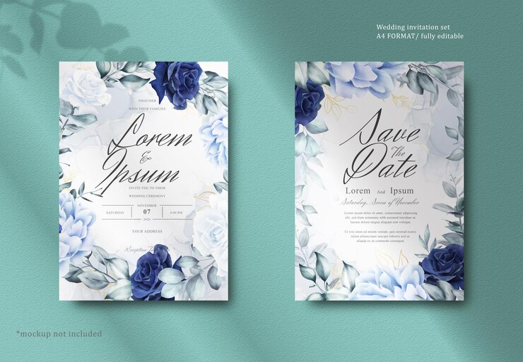 Papeterie élégante de mariage de couronne florale d'aquarelle avec la fleur et les feuilles bleu marine