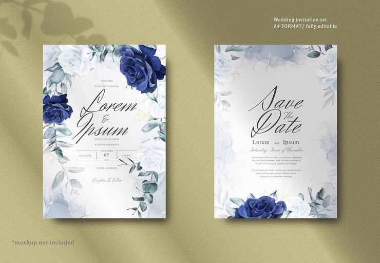 Papeterie élégante de mariage de couronne florale d'aquarelle avec la fleur et les feuilles bleu marine