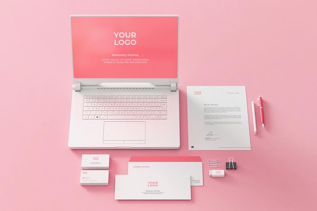 PSD papeterie mockup pink business company avec ordinateur portable