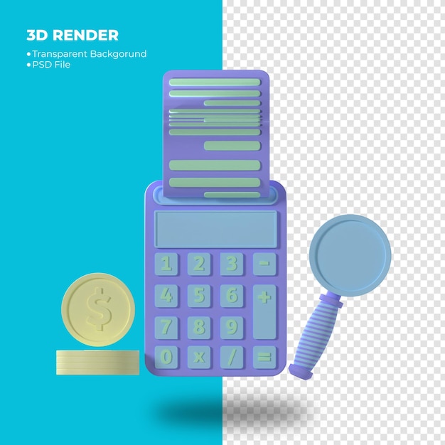 Un papier bleu et blanc avec une calculatrice et une loupe dessus.