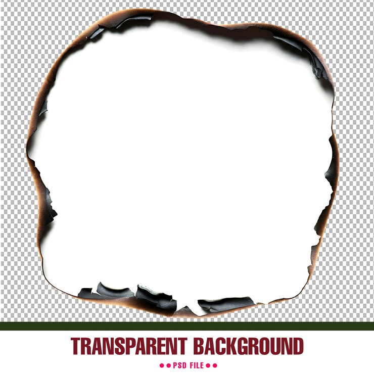 PSD le papier brûlé, la forme circulaire, le parchemin déchiré sur un fond transparent.