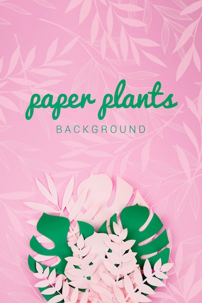 Papier Feuilles Vertes Plantes Sur Fond Rose