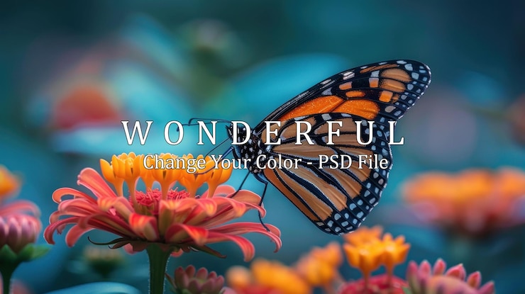 PSD le papillon monarque sur la fleur de zinnia