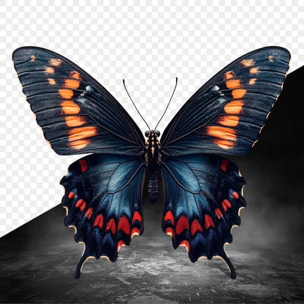 un papillon avec une queue bleue et rouge est assis sur une surface avec un fond noir