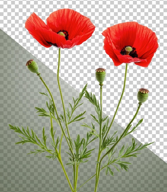 Pappi rossi brillanti con germogli verdi e foglie tagliate stock png