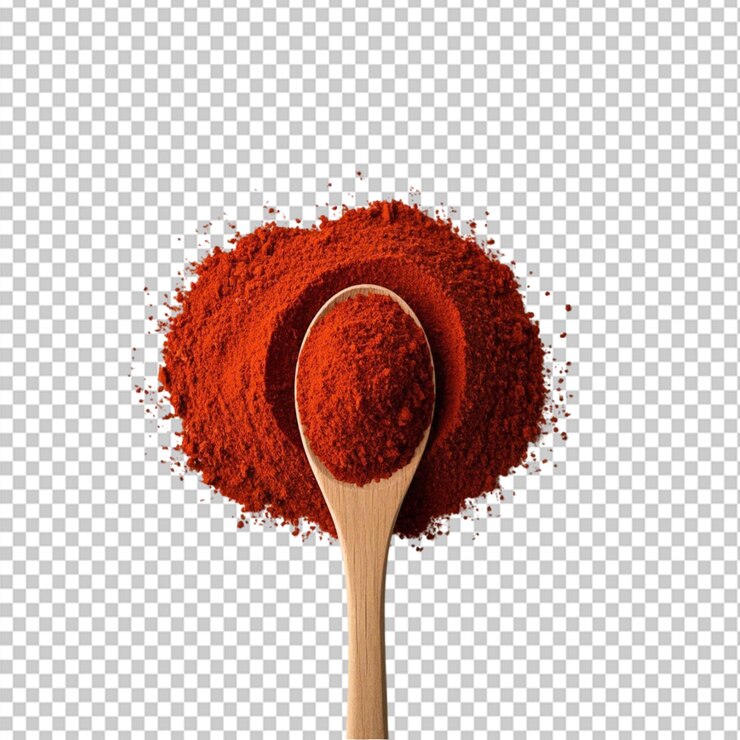 PSD paprika orgánica roja ahumada seca en cuchara de madera sobre un fondo transparente