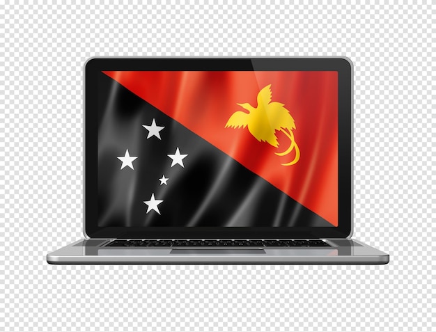 Papua-neuguinea-flagge auf laptop-bildschirm isoliert auf weißer 3d-darstellung