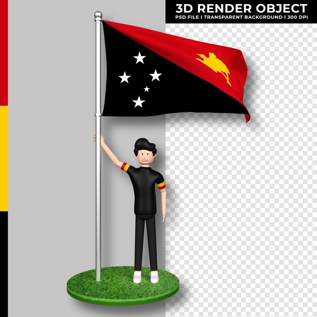 PSD papua-neuguinea-flagge mit niedlichen menschen-cartoon-figur. tag der unabhängigkeit. 3d-rendering.