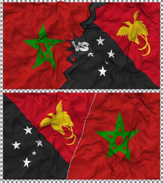 Papua-Neuguinea gegen Marokko Halbkombinierte Flagge Stoff-Bump-Textur 3D-Rendering