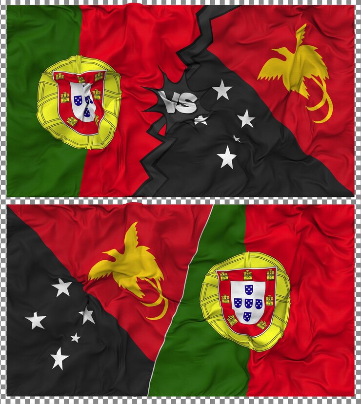 PSD papua nova guiné contra portugal meia bandeira combinada textura de tecido de bump renderização 3d