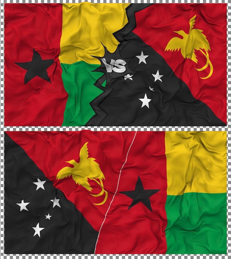 PSD papua nova guiné versus guiné-bissau meia bandeira combinada textura de tecido bump renderização 3d