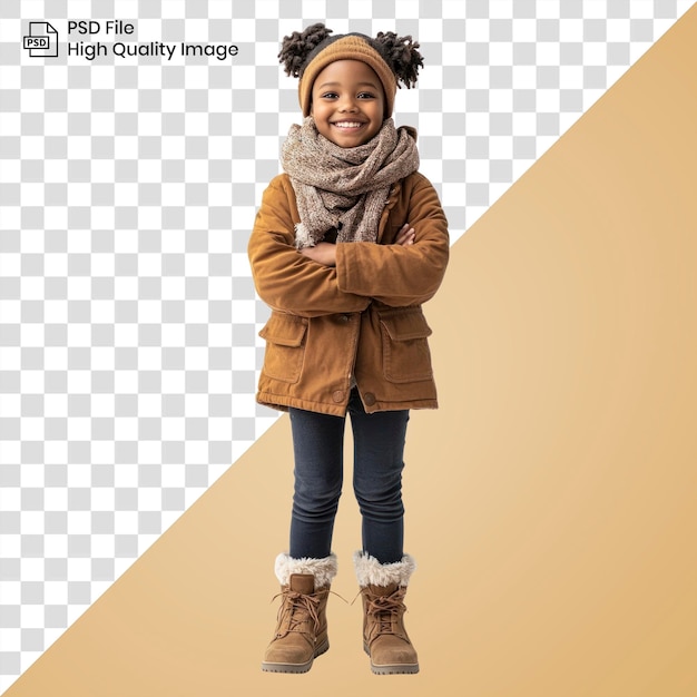 Papua Nueva Guinea Chica africana feliz con ropa de invierno ropa chaqueta bufanda