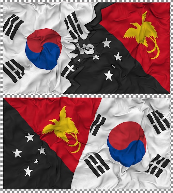 Papúa Nueva Guinea contra Corea del Sur Media bandera combinada con textura 3D de la tela