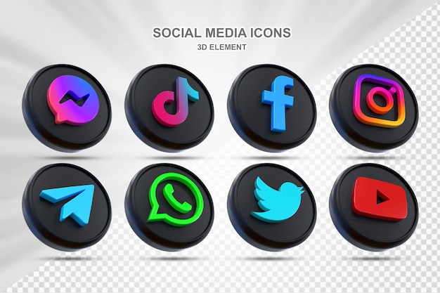 Paquete 3d de iconos negros de redes sociales con logotipos de facebook instagram twitter tiktok youtube