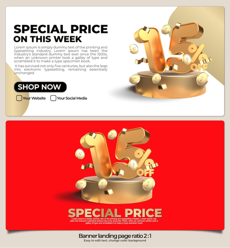 PSD paquete de banner para la página de inicio, descuento de la tienda en línea, venta de productos promocionales de oro, precio especial del 15 por ciento
